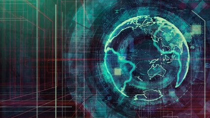 Animated digital globe featuring binary code overlay and world map, depicting advanced programming and global connectivity themes. - Powered by Adobe
