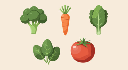 Flat illustration of various fresh vegetables including broccoli, carrots, spinach, and tomato.