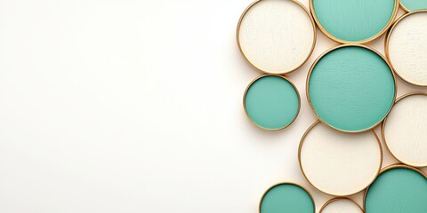 Colorful circular wall decor in teal and white arranged organically on a light background for design inspiration