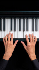 Hands playing piano keys with focus on fingers pressing black and white keys, creating cozy music indoors with minimalistic style