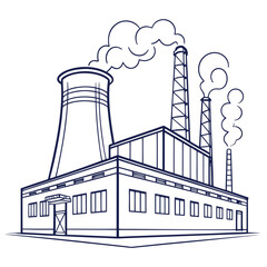 Illustration of a large industrial complex with multiple chimneys and cooling towers, the plant is emitting smoke, indicating it is in operation