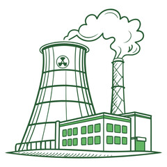 Illustration of a nuclear power plant with a cooling tower and chimney, representing energy production and industrial activity, emphasizing the need for sustainable practices