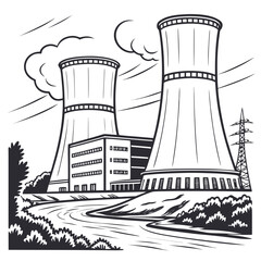 Illustration of a nuclear power plant with cooling towers and a building, emitting smoke, depicts energy production and industrial landscape