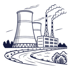 Illustration of a nuclear power plant with cooling towers and a road leading to it, conveying themes of energy production, industry, and infrastructure