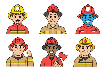 Set of Cartoon Firefighter Characters in Uniform with Helmets and Fire Equipment, Perfect for Safety Education, Emergency Services, Kids’ Books, and Fire Prevention Campaigns