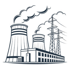 Illustration of a nuclear power plant with cooling towers and power lines, symbolizing energy production, industrial infrastructure, and technological advancement