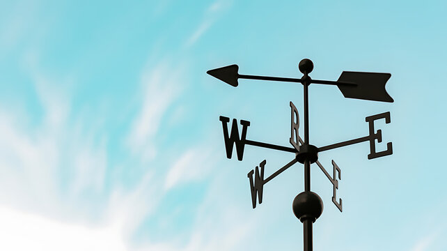 A black metal weather vane with directional arrows pointing north, south, east, and west against a clear blue sky with light clouds.