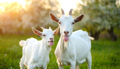 Two white goats in a spring orchard
