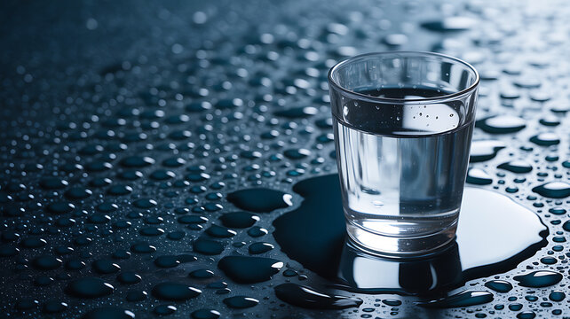 A glass of water on a wet, reflective surface with droplets scattered around