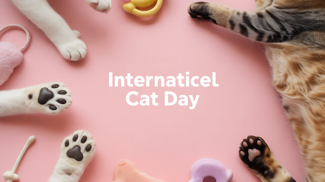 International Cat Day celebration with cat paws and toys on a pink background