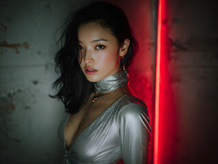 woman silver bodysuit standing tall 