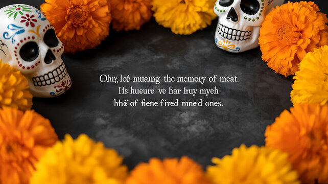 Decorative sugar skulls and marigold flowers arranged in a circle with text overlay on dark background