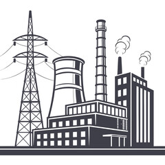 Vector art of monochrome illustration of industrial factory depicts a power plant with chimney, cooling tower, and transmission tower in a vintage style, showcasing industrial might