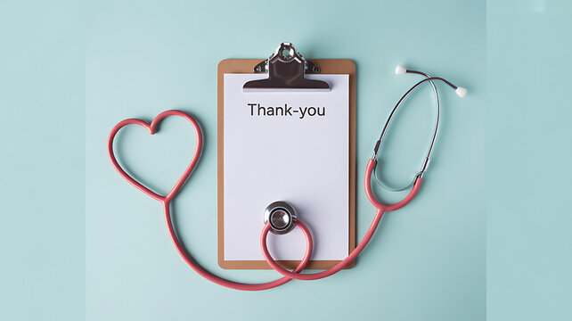Stethoscope shaped as a heart around a clipboard with 'Thank-you' note on a light blue background