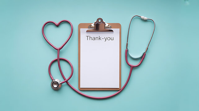 Stethoscope shaped like a heart next to a clipboard with 'Thank-you' written on it, on a teal background