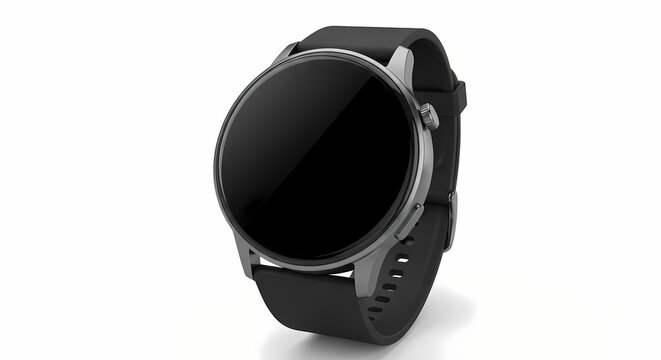 Sleek black smartwatch with a round display and silicone strap on a clean white background.