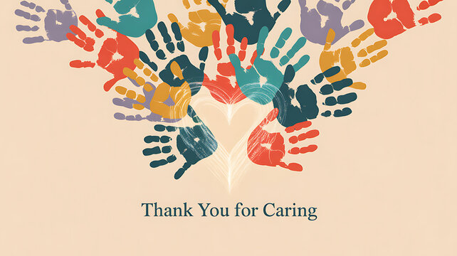 Colorful handprints forming a heart shape with the text 'Thank You for Caring'