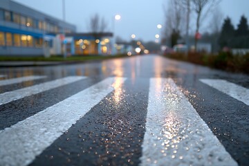 Close-Up of Rain-Slicked Zebra Crosswalk Reflecting Streetlights and Soft Urban Glow
