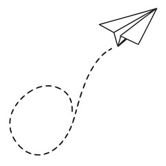 Vector art of a simple black and white line drawing of a paper airplane flying with a dotted line path, represents travel, freedom, creativity, and childhood memories