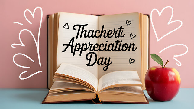 Open book with 'Teacher Appreciation Day' text, red apple, and heart illustrations on a pastel background