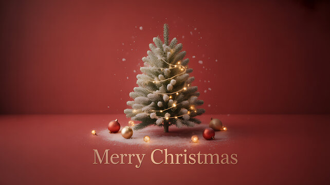 A decorated Christmas tree with glowing lights and ornaments on a red background, featuring 'Merry Christmas' text