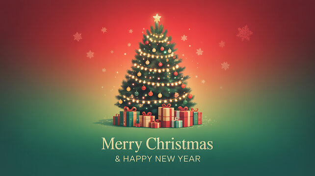 A decorated Christmas tree with presents under it, set against a gradient background with stars and festive lighting.