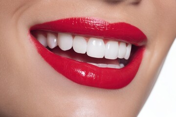 Fototapeta premium A close-up of a smiling mouth with bright red lipstick and perfectly white teeth