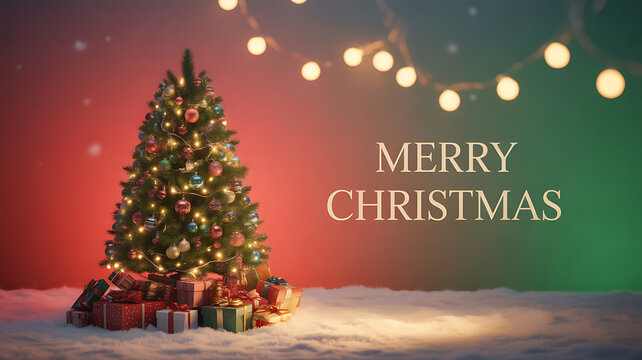 A decorated Christmas tree with presents under it, set in snow against a colorful background with string lights and 'Merry Christmas' text.