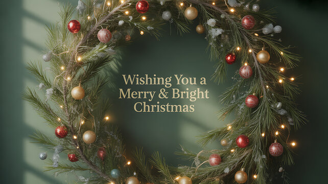 Christmas wreath adorned with pine branches, ornaments, and lights with festive message