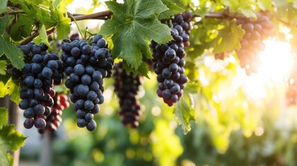 Clusters of ripe purple grapes hang from a vine, surrounded by green leaves and bathed in warm sunlight