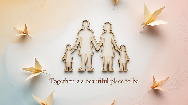 Silhouette of a family holding hands surrounded by paper birds on a soft gradient background with inspirational text
