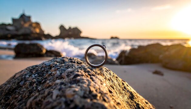A simple wedding ring atop a rock at sunrise. Ocean waves gently crash