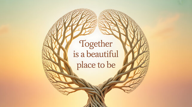 Two intertwined trees forming a heart shape with inspirational text against a sunset sky