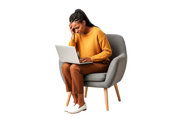 Sad african woman sitting on a chair when looking at a laptop isolated on white