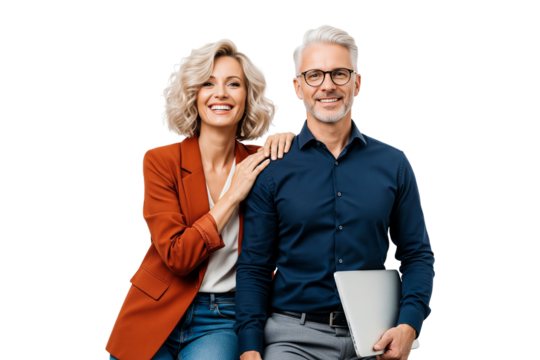 happy senior couple with laptop smilling isolated on white - Powered by Adobe