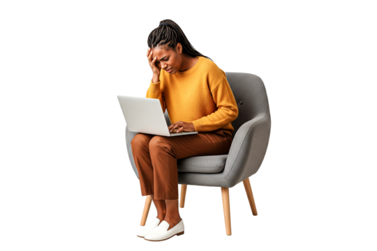 Sad african woman sitting on a chair when looking at a laptop isolated on white