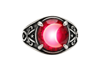 A detailed close-up view of a signet ring, featuring a large luminous ruby gemstone with a crescent moon design, set within an intricate antique-style silver band.