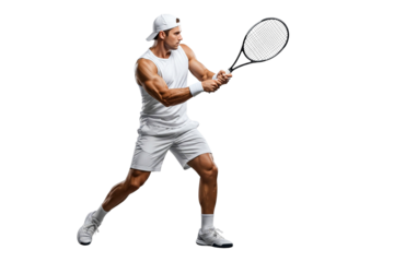 tennis player holding racket isolated on white