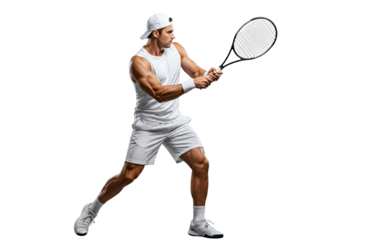 tennis player holding racket isolated on white