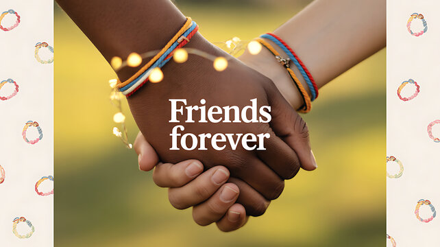 Two hands holding each other, adorned with colorful bracelets and string lights, symbolizing friendship.