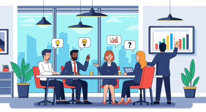 Diverse business team collaborating in a modern office boardroom meeting, discussing strategy and analyzing data charts for corporate growth