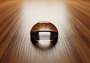 Obraz premium Magnified Perspective: Water Droplet on Wood Surface Showcasing Textural Details and Reflections in Macro