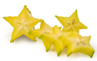 Fresh yellow starfruit slide star shape on white background, Starfruit tropical fruit photography isolate on white with clipping path.