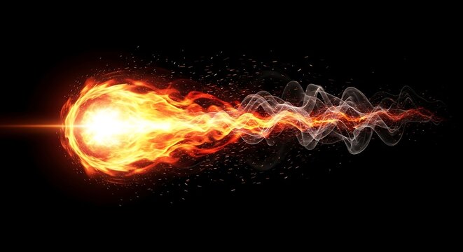 A fiery orb of light emits a trail of energy, with vibrant flames and swirling patterns against a stark black backdrop.