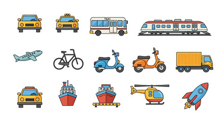 Collection of various transportation vehicles, including cars, buses, trains, airplanes, and ships.