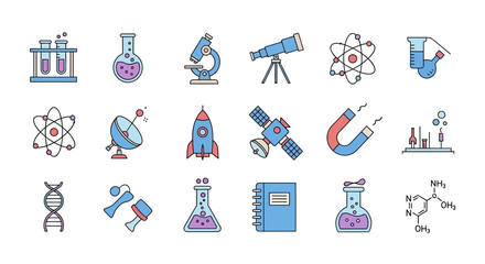 Science icons: beakers, microscope, telescope, atom, rocket, satellite, magnet, DNA.