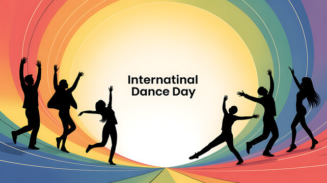Silhouettes of dancers celebrating International Dance Day against a vibrant rainbow background