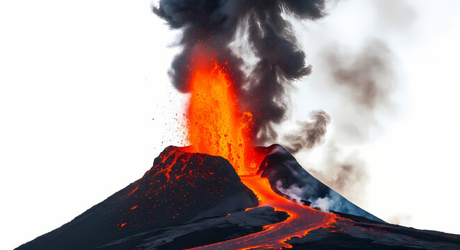 A powerful volcanic eruption with bright orange lava flowing down the dark slopes and thick black smoke rising into the sky. - Powered by Adobe