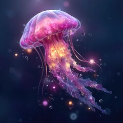 Naklejka premium Glowing jellyfish, vibrant colors, underwater scene (1)