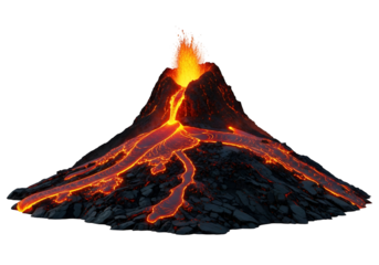 A dramatic, erupting volcano showcases molten lava flowing down its slopes against a stark black backdrop.